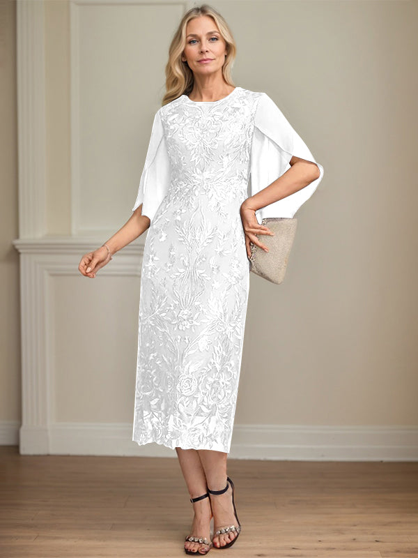 Column Scoop Tea-Length Lace Chiffon Mother of the Bride Dress