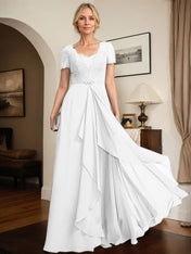 A-line Sweetheart Floor-Length Chiffon Lace Mother of the Bride Dress With Beading Cascading Ruffles