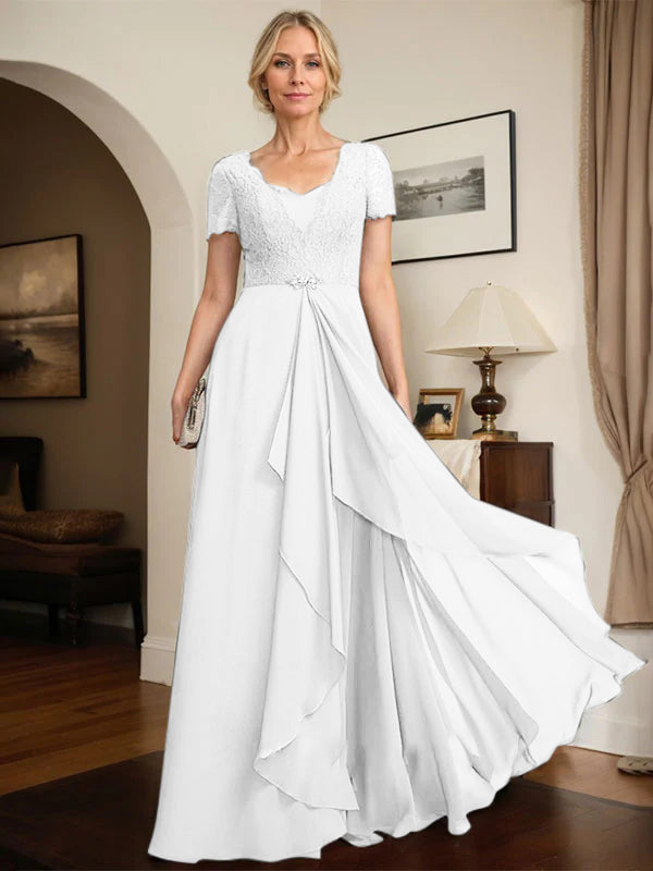 A-line Sweetheart Floor-Length Chiffon Lace Mother of the Bride Dress With Beading Cascading Ruffles