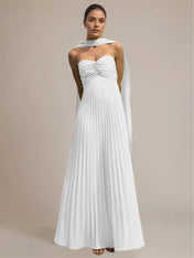 Green Chiffon A Line Off The Shoulder Sleeveless Floor Length Pleated Dress