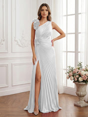 Olive Green Pleated One-Shoulder Prom Dress with 3D Rosettes