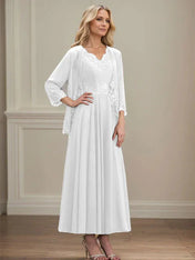 A-line V-Neck Ankle-Length Chiffon Mother of the Bride Dress With Sequins Appliques Lace Beading