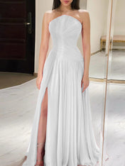 Red Pleated Chiffon Strapless Long Prom Dress with Slit