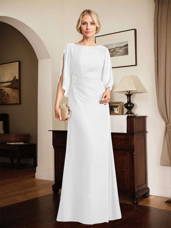 Column Scoop Floor-Length Chiffon Mother of the Bride Dress With Pleated Beading