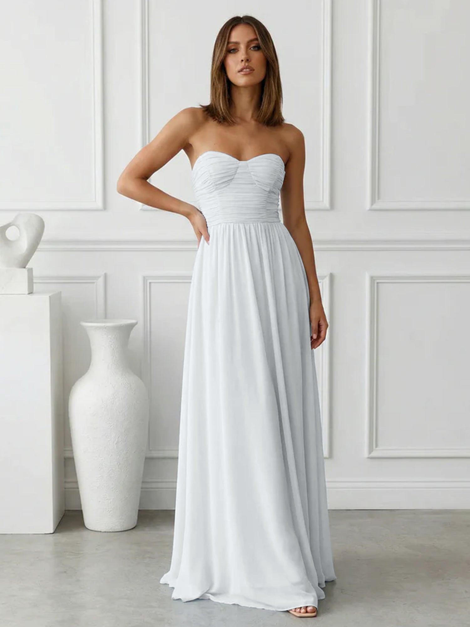 Light Blue Sweetheart Chiffon A Line Maxi Dress with Pleat