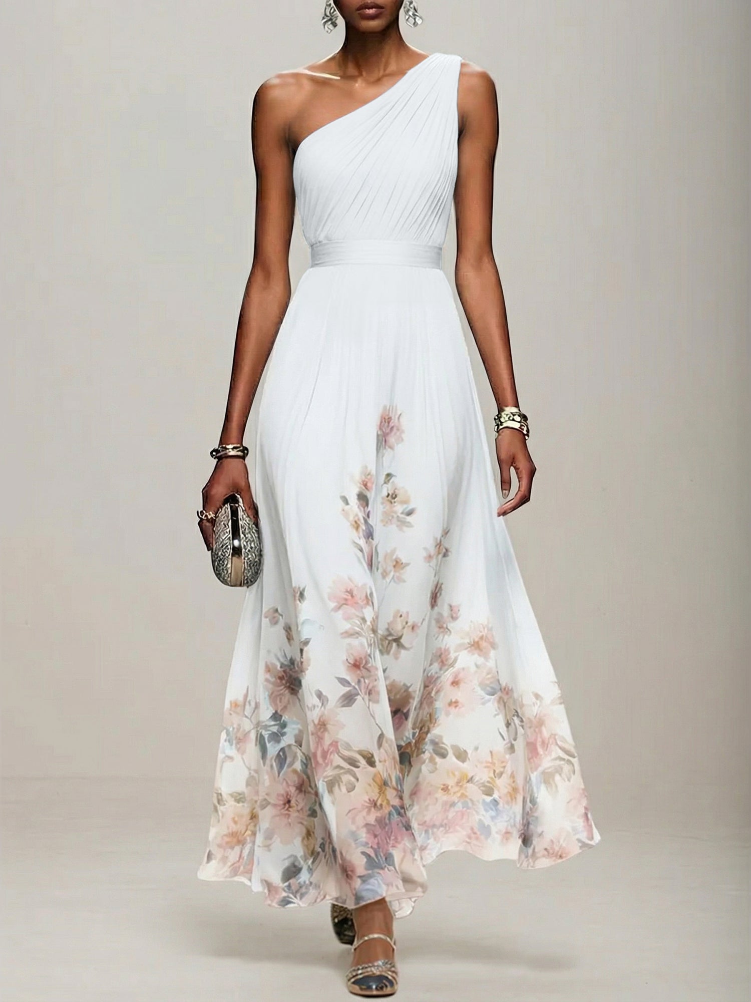 Light Blue Floral Chiffon One Shoulder Sleeveless A-Line Maxi Dress Gown