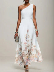 Light Blue Floral Chiffon One Shoulder Sleeveless A-Line Maxi Dress Gown