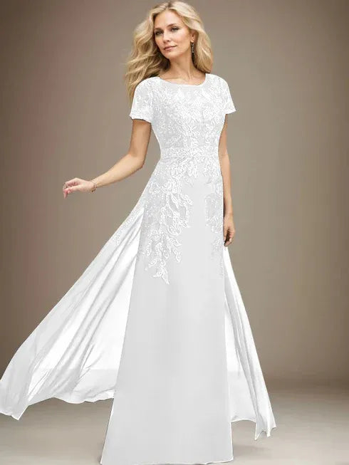 Column Scoop Illusion Floor-Length Lace Chiffon Mother of the Bride Dress With Sequins