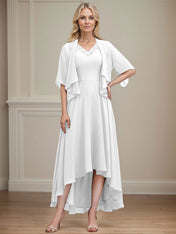 A-line V-Neck Asymmetrical Chiffon Mother of the Bride Dress With Beading Sequins