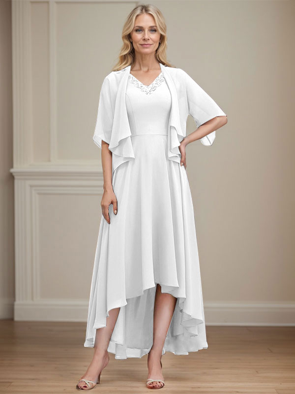 A-line V-Neck Asymmetrical Chiffon Mother of the Bride Dress With Beading Sequins