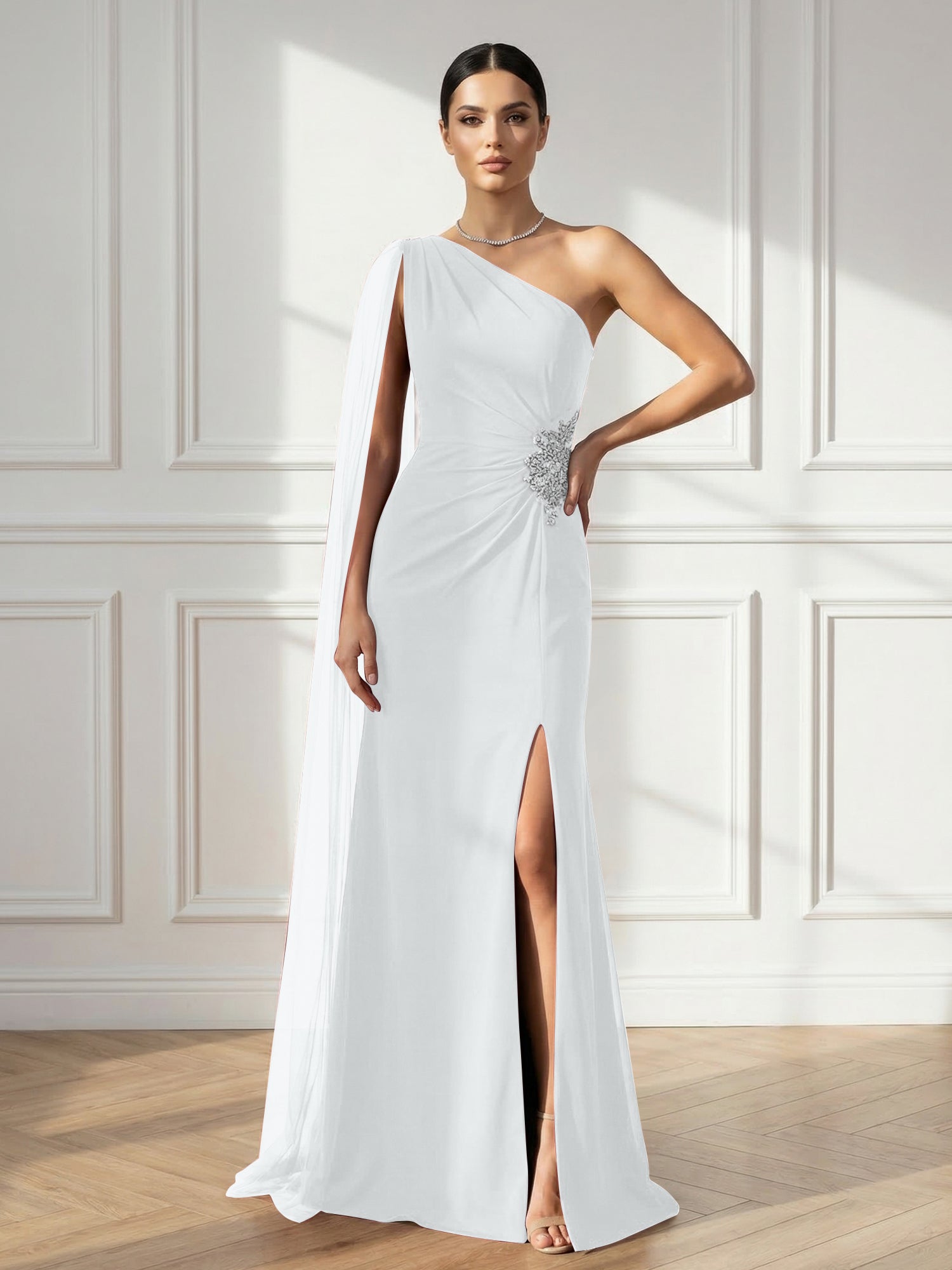 Formal Evening Dress Burgundy One Shoulder Slit Maxi Dress Gown