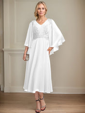 A-line V-Neck Tea-Length Chiffon Lace Mother of the Bride Dress With Beading Sequins