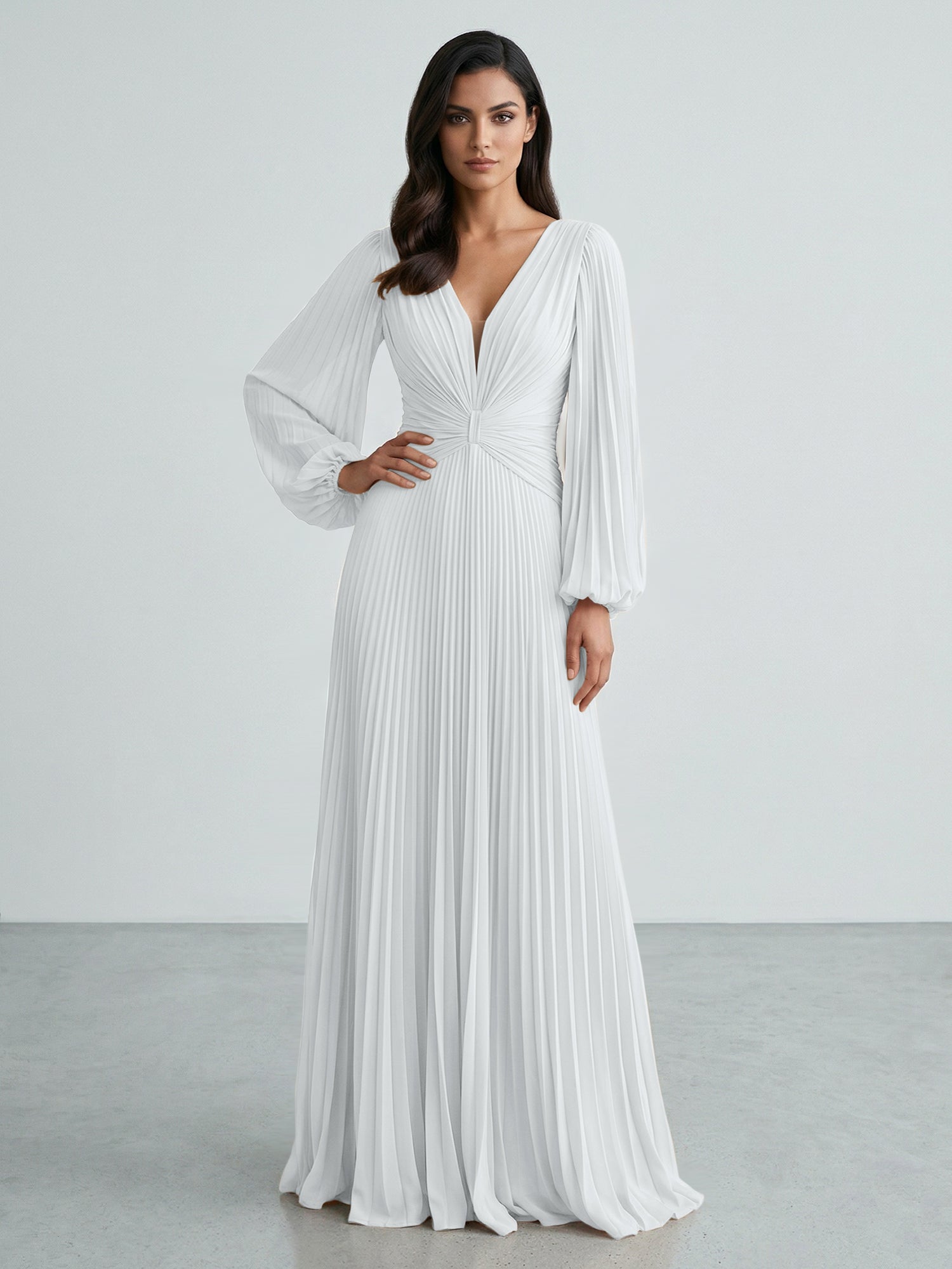 Slate Blue Plunging V-Neck Pleated Long Sleeve Maxi Dress Gown