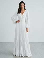 Slate Blue Plunging V-Neck Pleated Long Sleeve Maxi Dress Gown