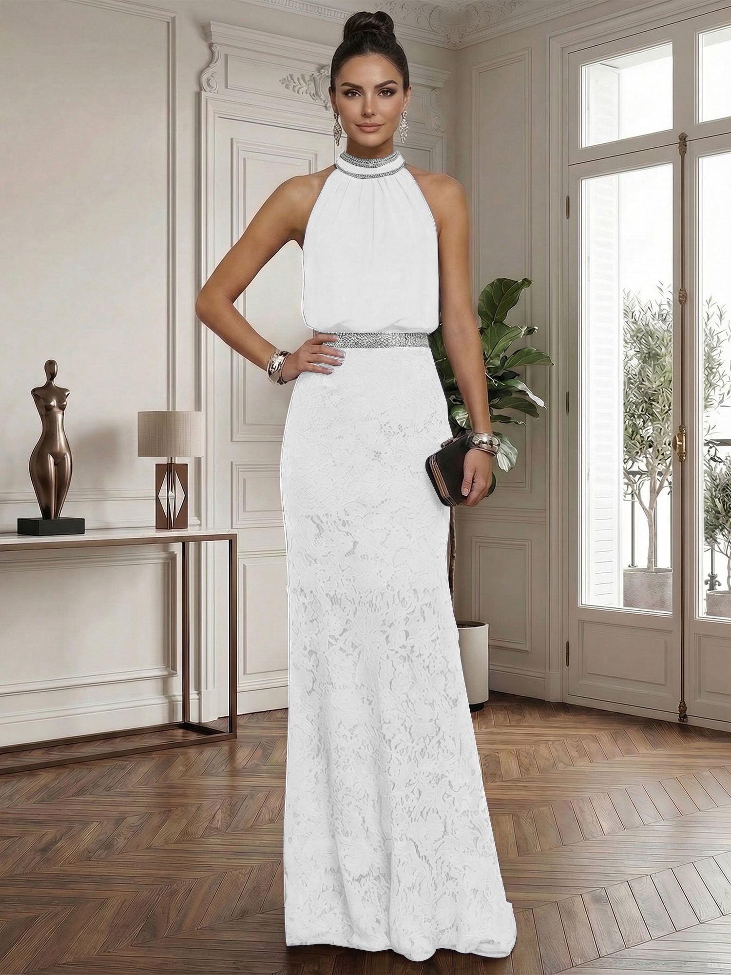 Purplish Rhinestone Ruched Lace Halter Sleeveless Mermaid Gown Dress