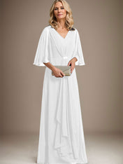 A-line V-Neck Floor-Length Chiffon Mother of the Bride Dress With Cascading Ruffles Crystal Brooch
