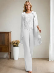 Separates Jumpsuit/Pantsuit Scoop Floor-Length Chiffon Lace Mother of the Bride Dress With Beading Sequins