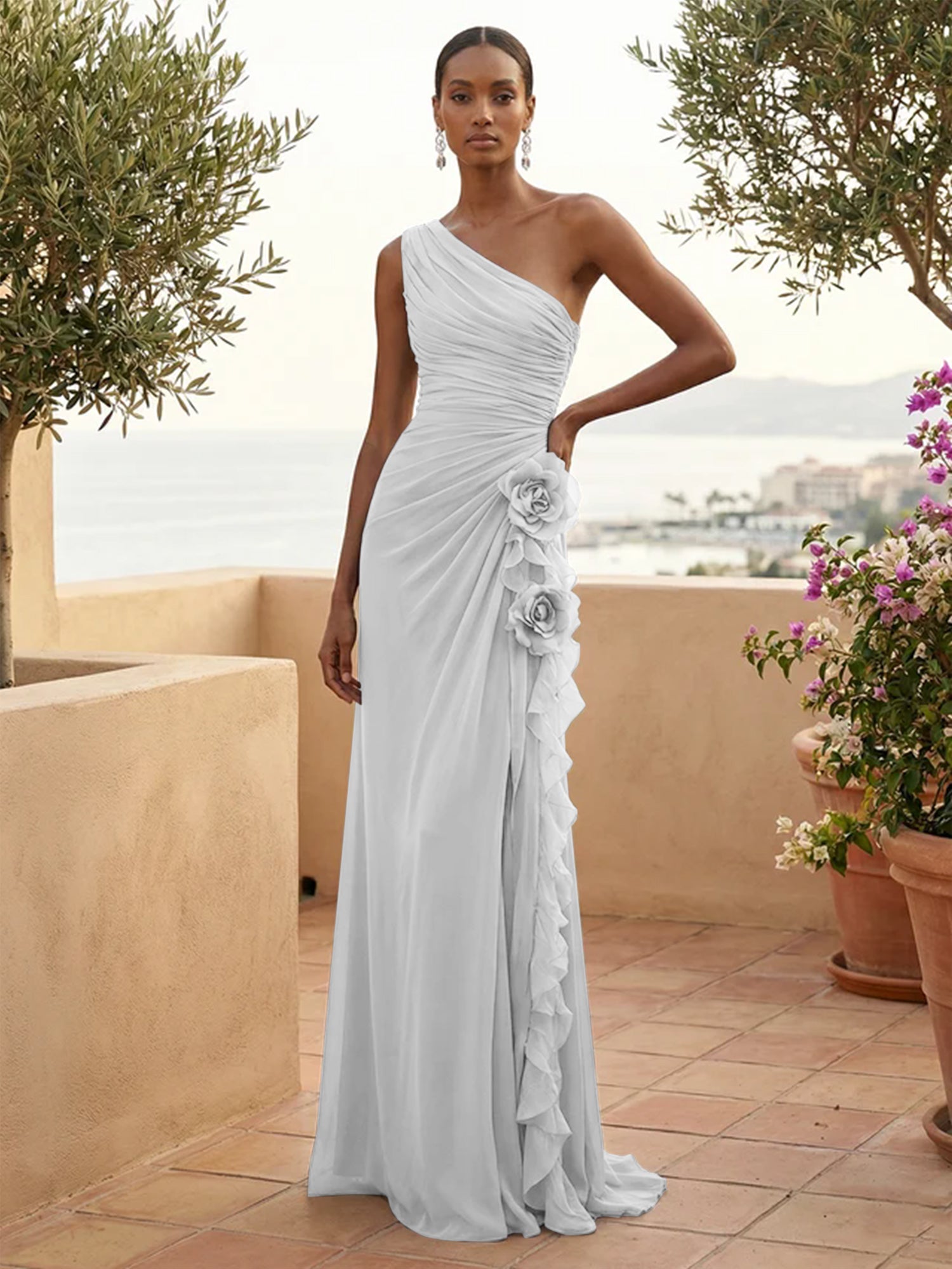 One Shoulder Pleat Mermaid A Line Ruffle Evening Dresses