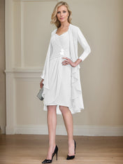 Sheath/Column Sweetheart Knee-Length Chiffon Mother of the Bride Dress With Beading Appliques Lace Sequins Pleated