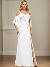 Sheath/Column Cold Shoulder V-Neck Floor-Length Chiffon Dress With Cascading Ruffles Sequins Beading