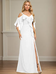 Sheath/Column Cold Shoulder V-Neck Floor-Length Chiffon Dress With Cascading Ruffles Sequins Beading