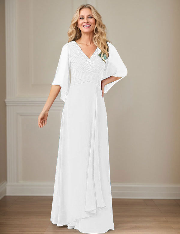 Robe mère de la mariée longue en mousseline à paillettes et col en V