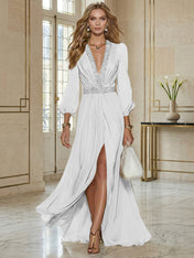 Elegant Beige Chiffon V-neck With Rhinestone Embellishments And A Side Slit Maxi Dress