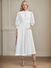 A-line High Neck Tea-Length Lace Chiffon Mother of the Bride Dress With Bow