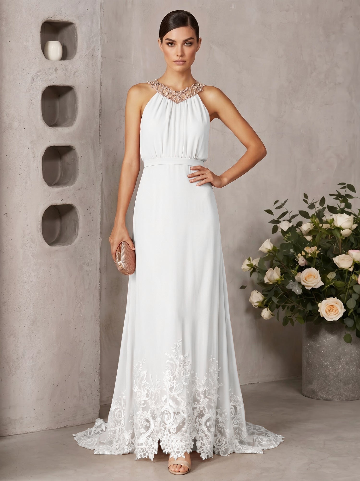 Pink Beaded Ruched Chiffon Halter Sleeveless A-Line Gown Maxi Dress