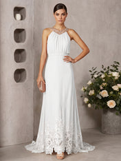 Pink Beaded Ruched Chiffon Halter Sleeveless A-Line Gown Maxi Dress