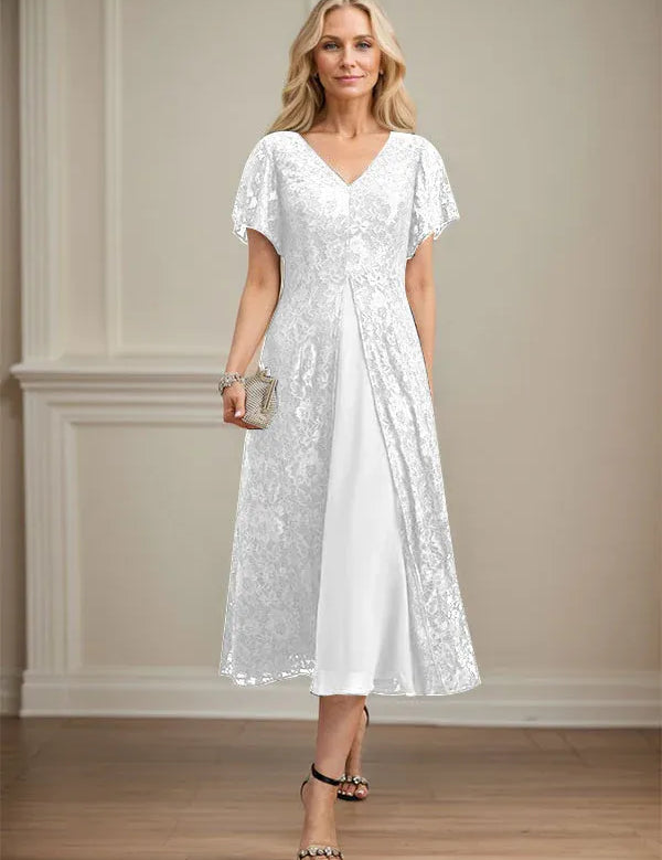 A-line V-Neck Tea-Length Lace Chiffon Mother of the Bride Dress