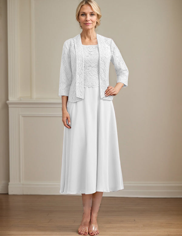 A-line Scoop Tea-Length Lace Chiffon Mother of the Bride Dress