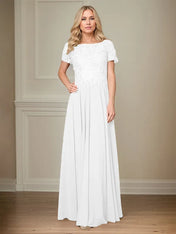 A Line Chiffon Boat Neck Short Sleeves Floor Length Pleated Mother of the Bride Dresses