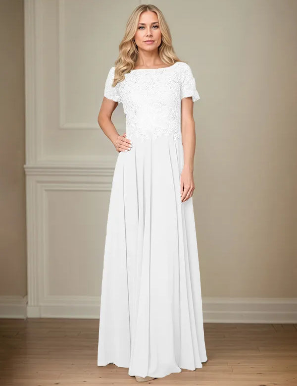 A Line Chiffon Boat Neck Short Sleeves Floor Length Pleated Mother of the Bride Dresses