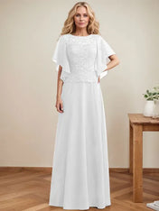 A-line Scoop Illusion Floor-Length Lace Chiffon Mother of the Bride Dress With Sequins