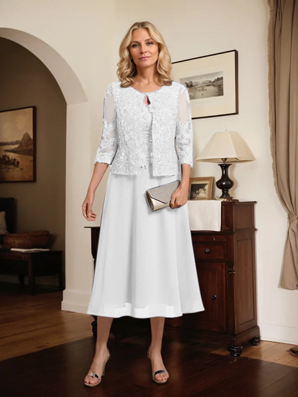 A-line Scoop Tea-Length Lace Chiffon Mother of the Bride Dress With Sequins