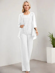 Separates Jumpsuit/Pantsuit Scoop Floor-Length Lace Chiffon Mother of the Bride Dress With Sequins