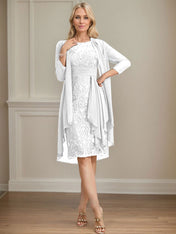 Sheath/Column Scoop Illusion Knee-Length Lace Chiffon Mother of the Bride Dress With Cascading Ruffles Sequins