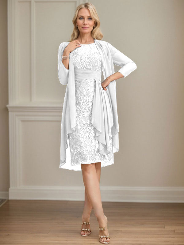 Column Scoop Illusion Knee-Length Lace Chiffon Mother of the Bride Dress With Cascading Ruffles Sequins