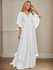 A-line V-Neck Floor-Length Chiffon Mother of the Bride Dress With Sequins Appliques Lace Beading