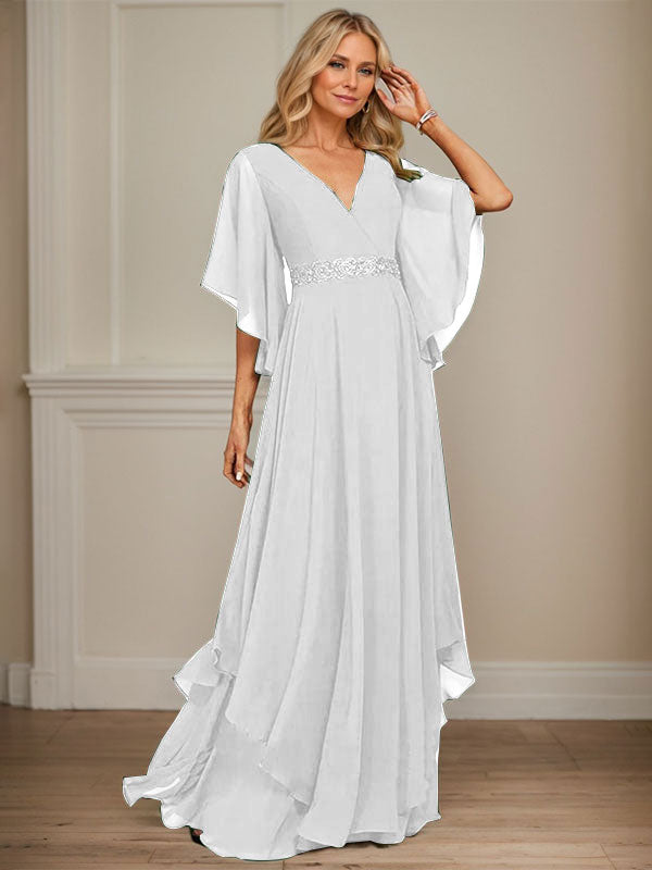 A-line V-Neck Floor-Length Chiffon Mother of the Bride Dress With Sequins Appliques Lace Beading