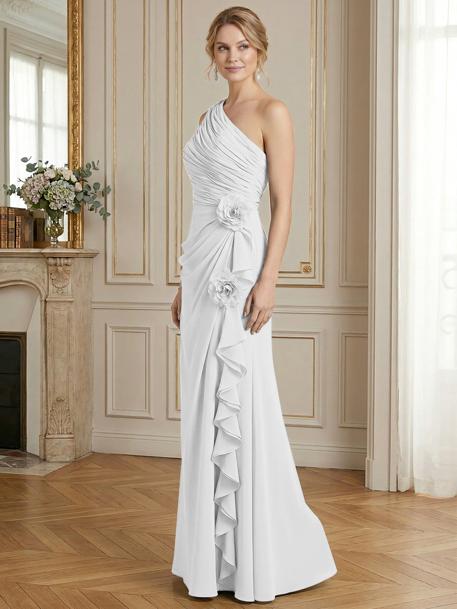 Dusty Blue One-Shoulder Ruched Floral Maxi Dress Gown