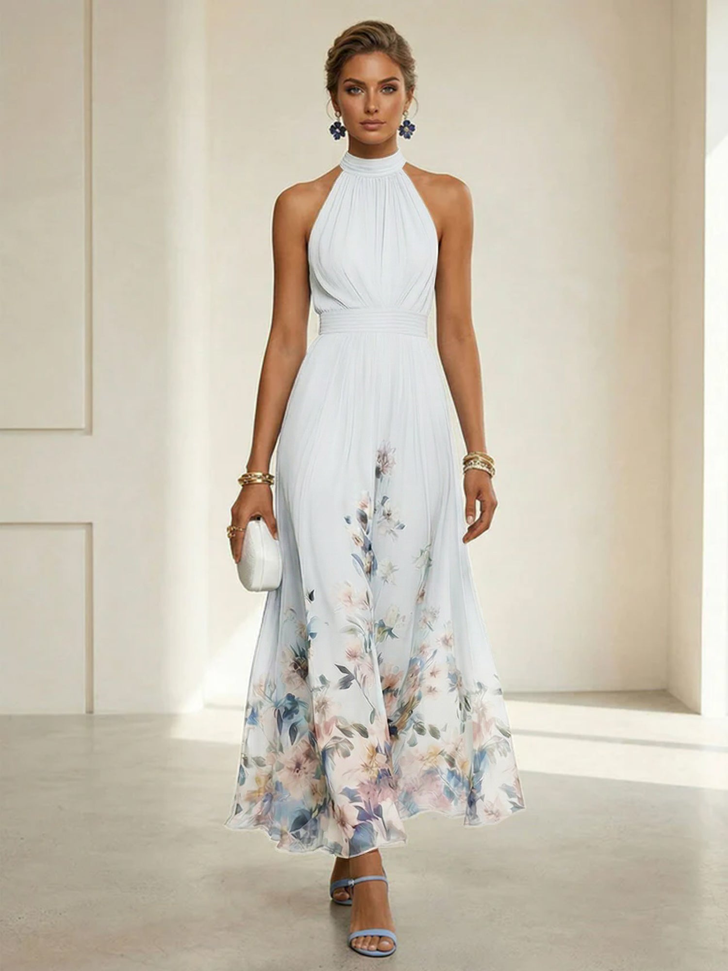 Light Blue Floral Chiffon Halter Sleeveless A-Line Maxi Dress Gown