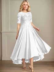 A-line Scoop Illusion Asymmetrical Chiffon Lace Mother of the Bride Dress With Sequins