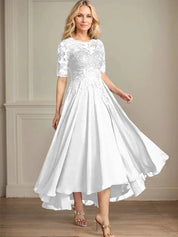 Robe de mère de la mariée asymétrique en mousseline de soie et dentelle, coupe trapèze, décolleté en V, illusion, avec paillettes 