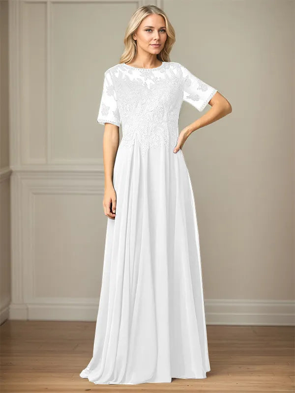 A Line Chiffon Scoop Neck Short Sleeves Floor Length Mother of the Bride Dresses