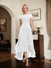 A-line Scoop Illusion Asymmetrical Chiffon Lace Mother of the Bride Dress With Bow Ruffle Sequins