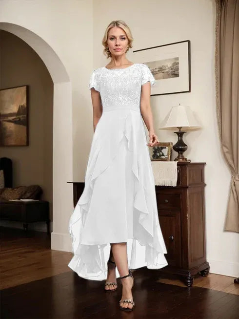 A-line Scoop Illusion Asymmetrical Chiffon Lace Mother of the Bride Dress With Bow Ruffle Sequins