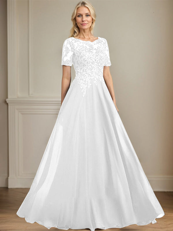 A-line Scoop Illusion Floor-Length Chiffon Lace Mother of the Bride Dress With Sequins Beading
