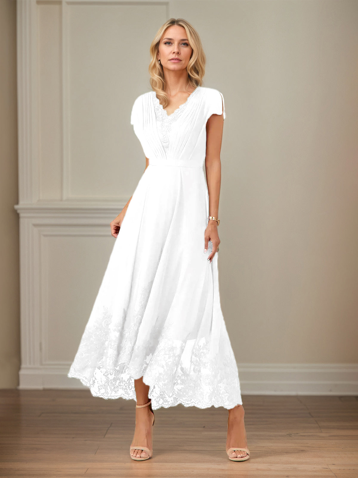 A Line V Neck Flutter Sleeve Ankle Length Chiffon Dress With Appliques
